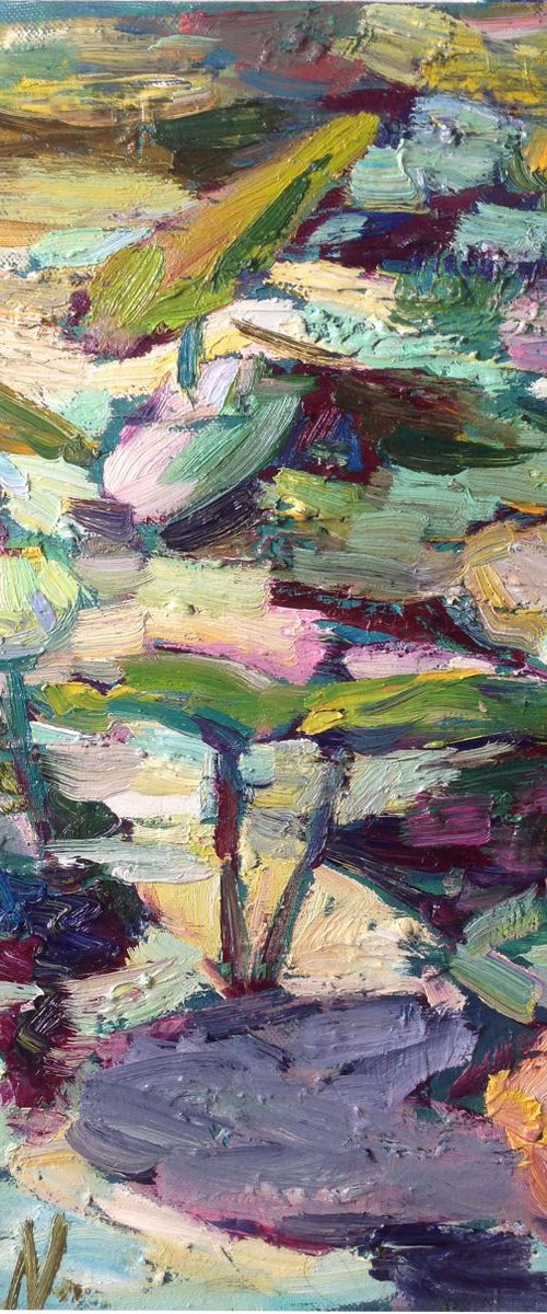 Abstract water lily.  Pond  light oil painting  river original oil painting by Nataliia Nosyk