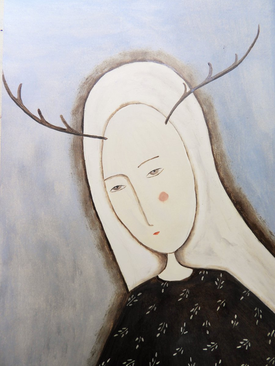 The Deer Woman - oil on paper by Silvia Beneforti