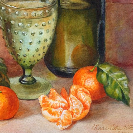 Still life with a green bottle and tangerines