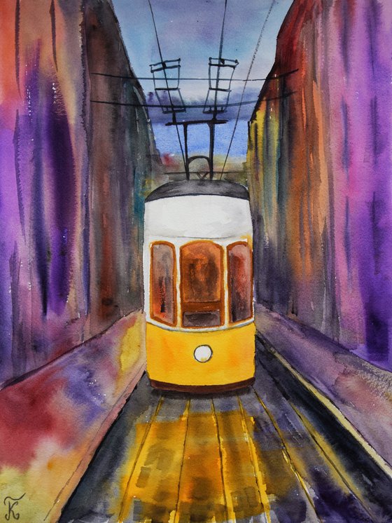 Lisbon tram painting, Lisboa watercolor art original, Portugal wall art