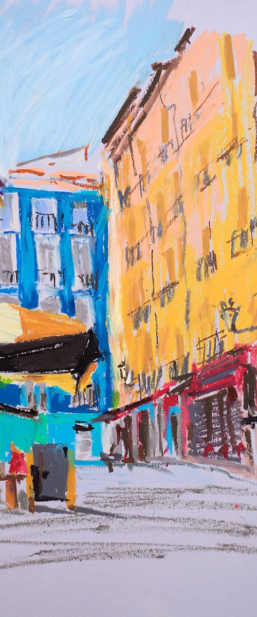 Madrid street. Plain air oil pastel painting. Original interior urban impressionistic street terrace small by Sasha Romm