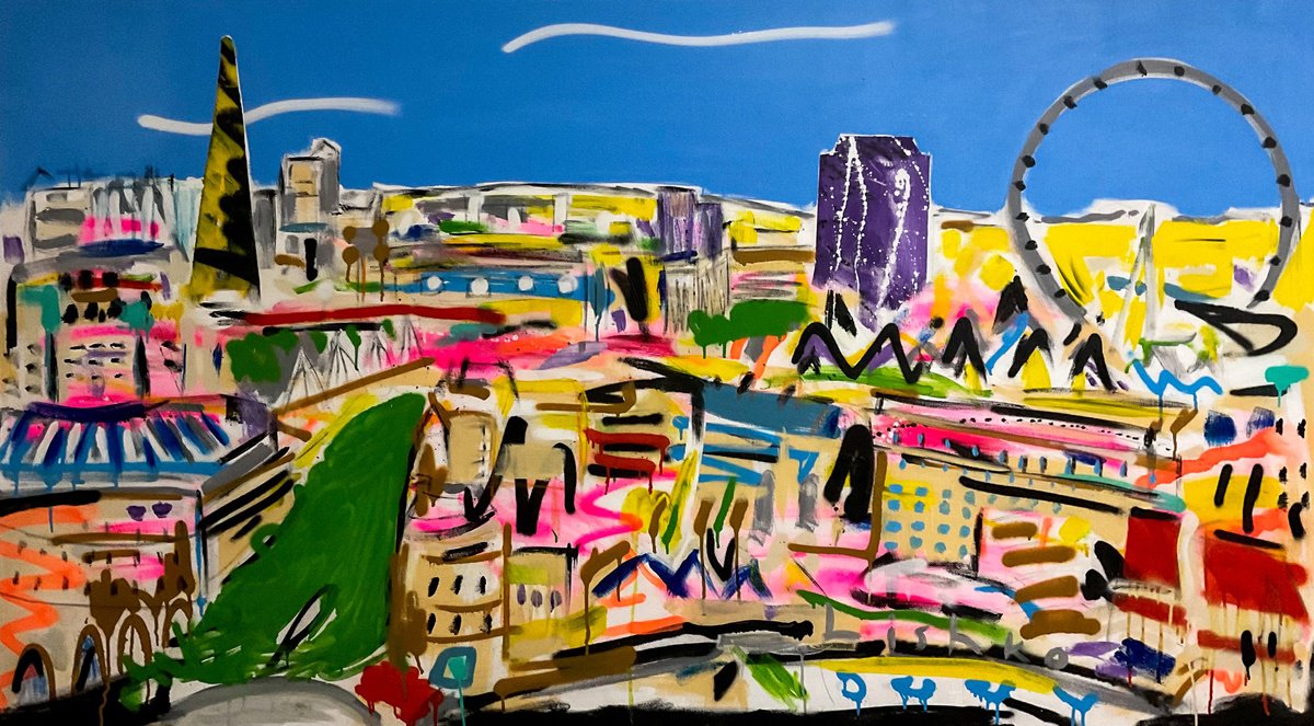 Expressive Cityscapes Acrylic Painting By V. Lishko, 71 X 39", London, Original Artwork