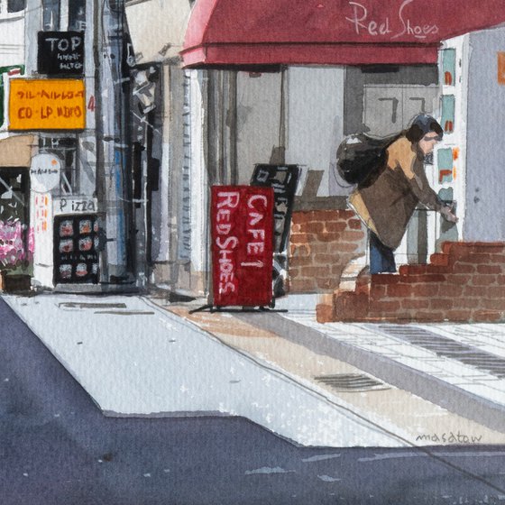 Shopping Alley with Red Awnings 30x40cm