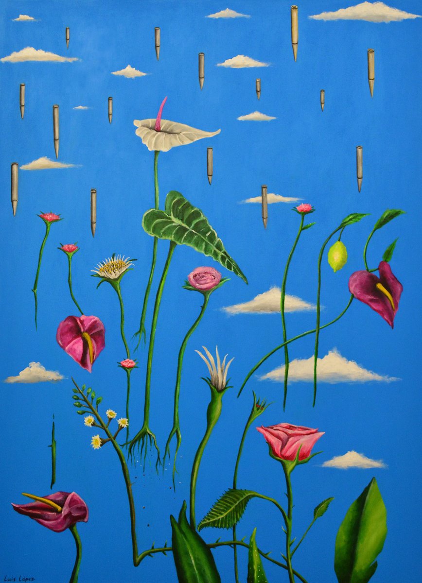 Surrealistic Botanical Acrylic Painting By Luis Lopez, 41 X 57", Rain Of Bullets, Original Artwork