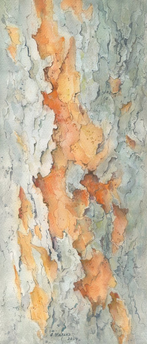 Big routes of little insects #5. Spruce abstraction / ORIGINAL watercolor ~10x22in (25x56cm) by Olha Malko