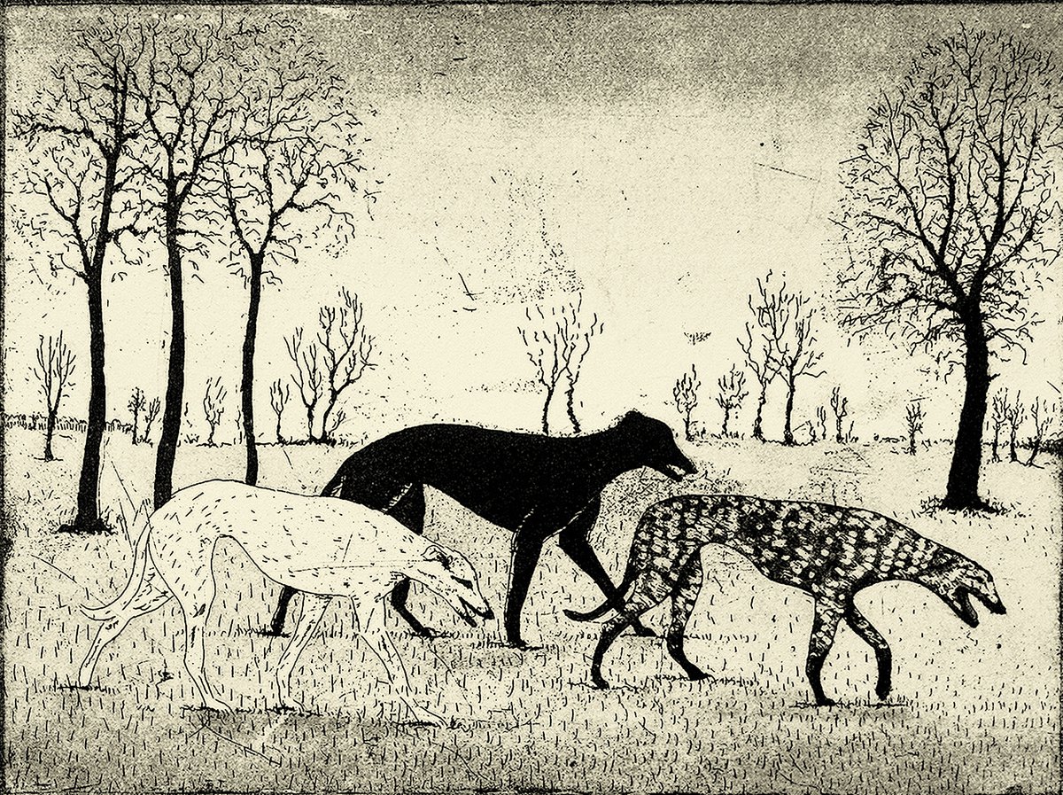 Animal Etchings & Engravings By Tim Southall, 12 X 10", Strolling Hounds, Original Artwork