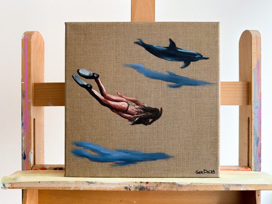 Swimming with a dolphin - Underwater SwimmerWoman Painting