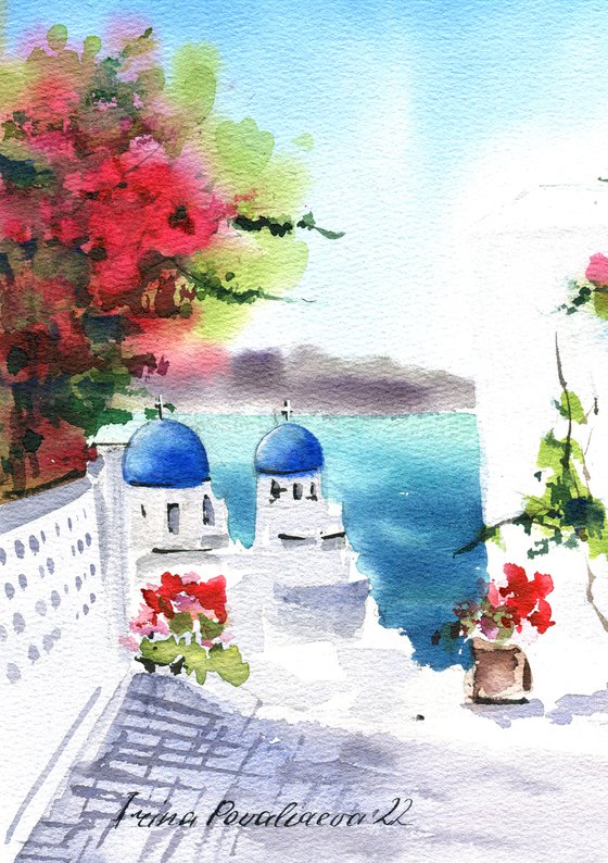 Santoriny coast blossom painting beach wall art living room home decor gift idea