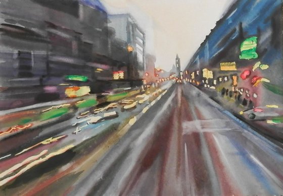 a city in motion, large watercolor painting 98x68 cm