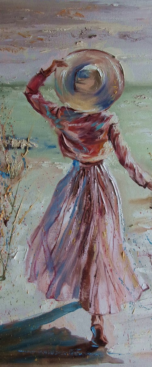 " SPRING WALK "  original OIL painting palette knife reading book GIFT MODERN URBAN ART OFFICE ART DECOR HOME DECOR GIFT IDEA by Monika Luniak