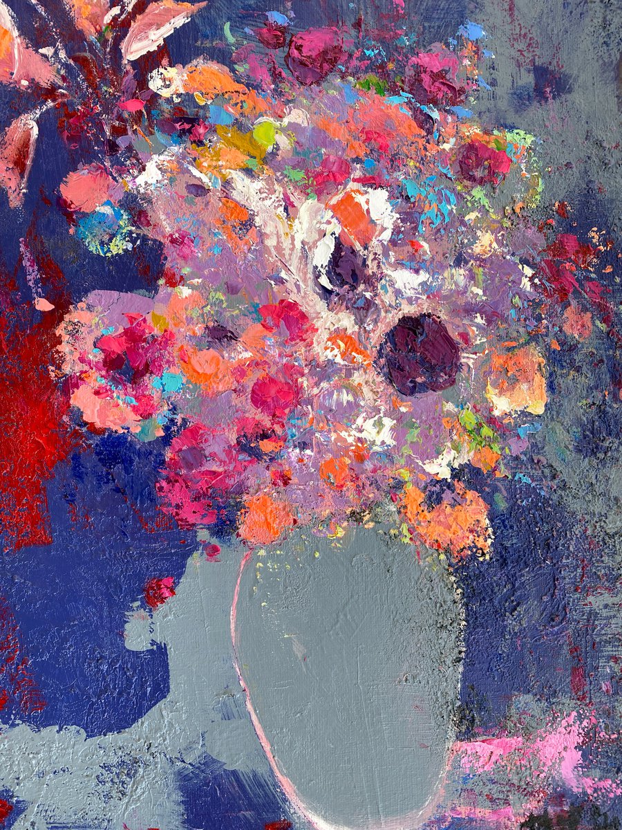 Impressionistic Botanical Oil Painting By Kunlong Wang, 24 X 31", Still Life Oil Painting:flowers In The Vase, Original Artwork