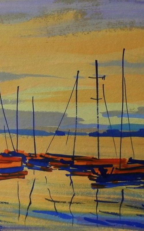 yacht at sunset. Original painting 30x21 cm by Sergey  Kachin