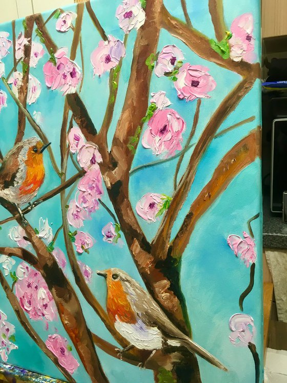 Spring songs, singing red breasted robins, spring in London, white, pink, bloom, oil painting