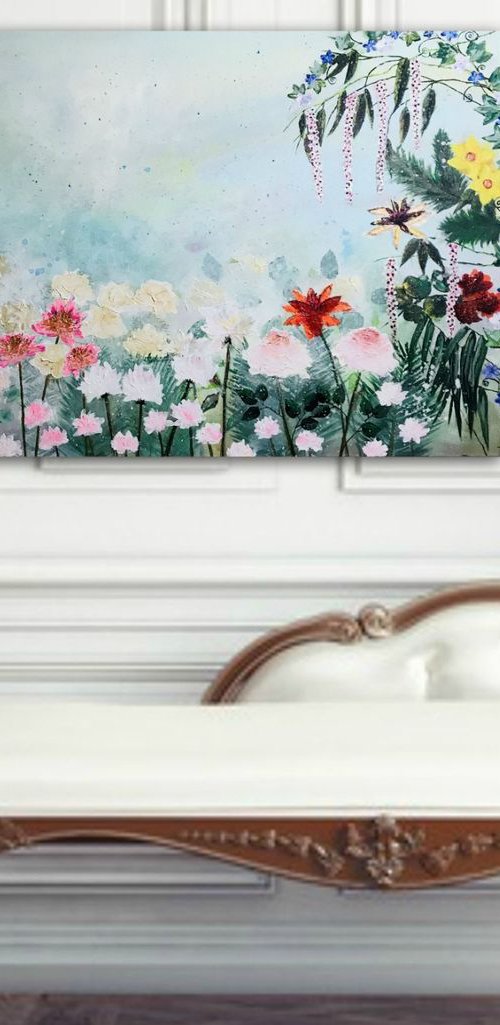 Floral large painting impressionistic flowers garden purple yellow red pink flowers by Henrieta Angel