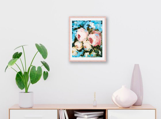 Pink and blue, Abstract Floral Painting Original Art Flower Artwork