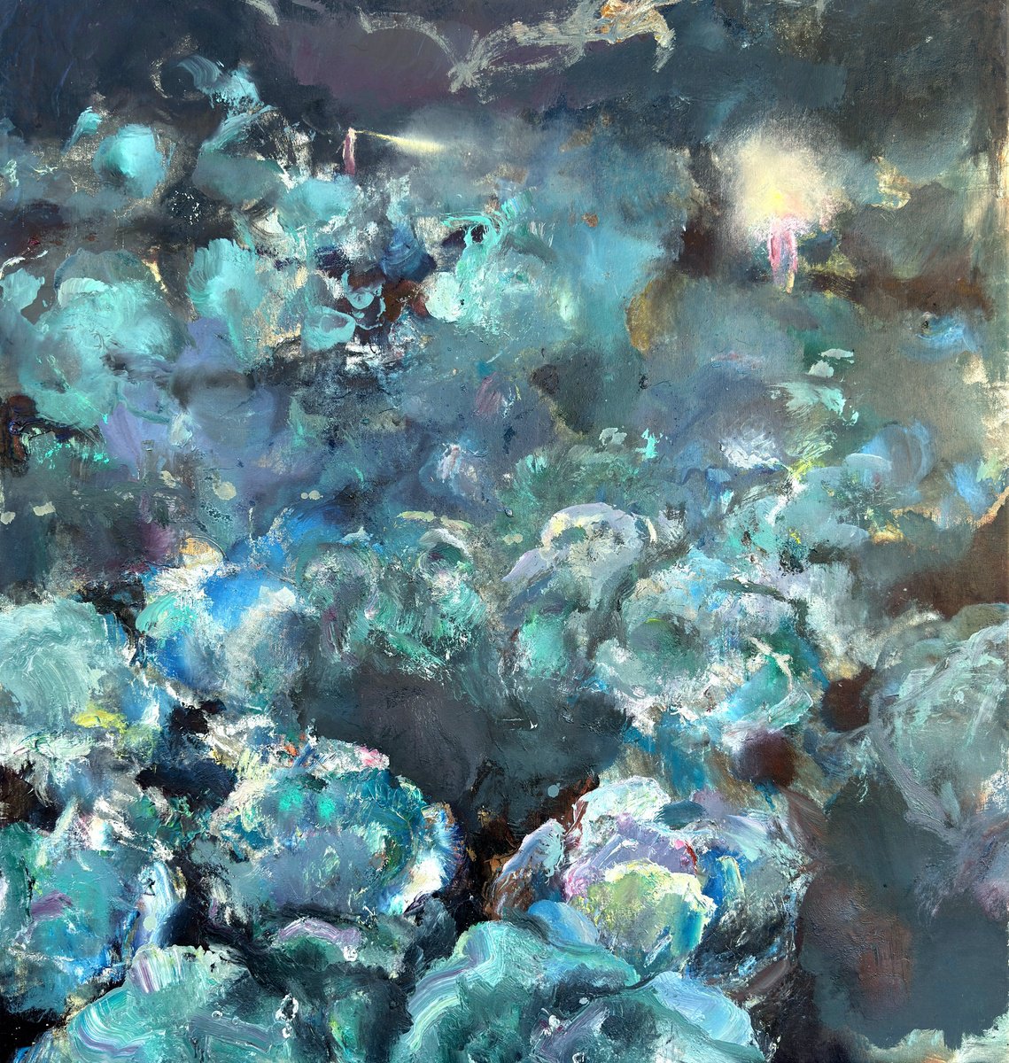 Expressive Abstract Oil Painting By Zakhar Shevchuk, 35 X 39", Seekers, Original Artwork