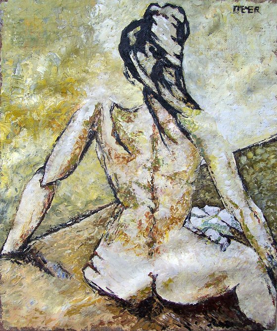 Nude figure, Shan, seated from rear, in yellow.