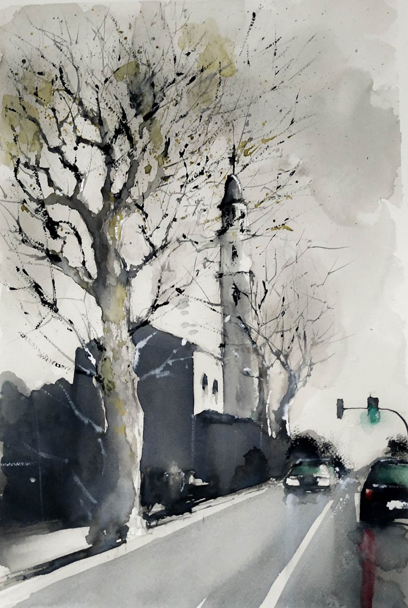 Impressionistic Cityscapes Watercolour By Flavio Furlan, 13 X 21, Platani, Original Artwork