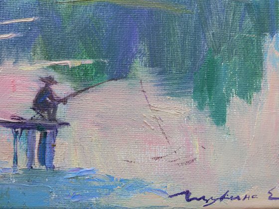 Appeasement. Morning on the lake. Original oil painting