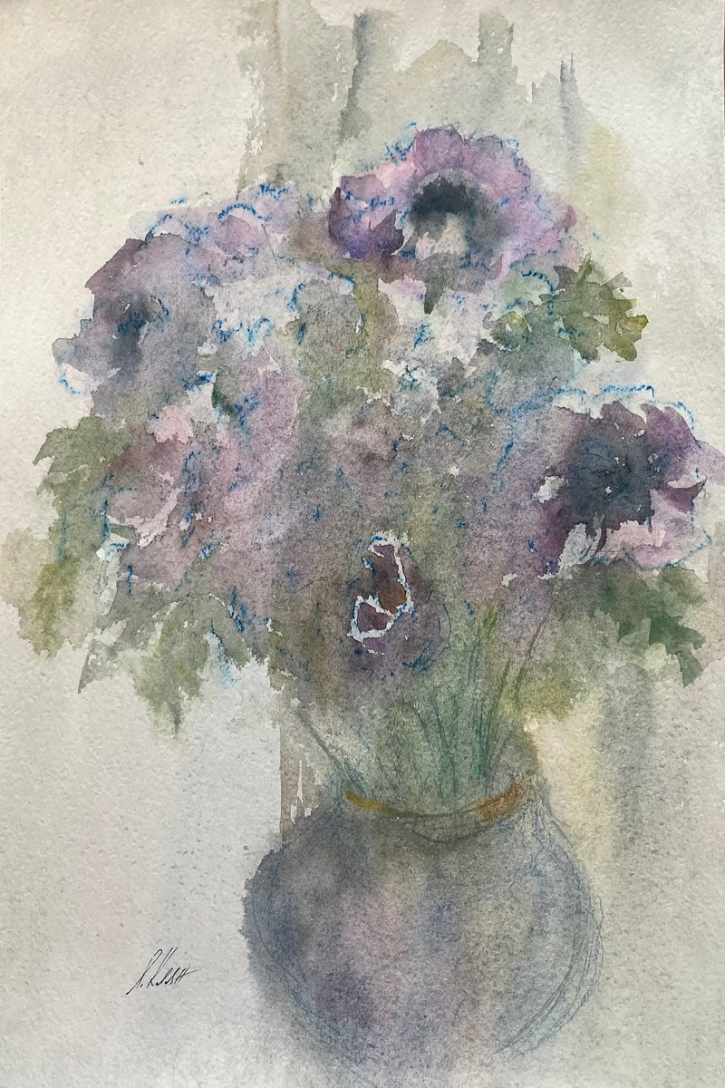 Impressionistic Still Life Watercolour By Elena Klyan, 12 X 18, Anemones 3, Original Artwork