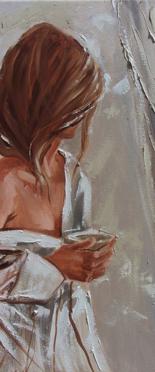 " DON'T LOOK BACK ... "-  liGHt  ORIGINAL OIL PAINTING, GIFT, PALETTE KNIFE (2021) by Monika Luniak