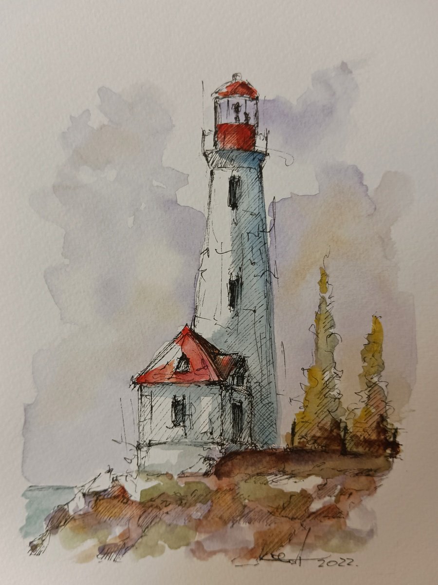 Lighthouse. Urbansketch art. Wartercolor and ink on paper by Marinko �aric