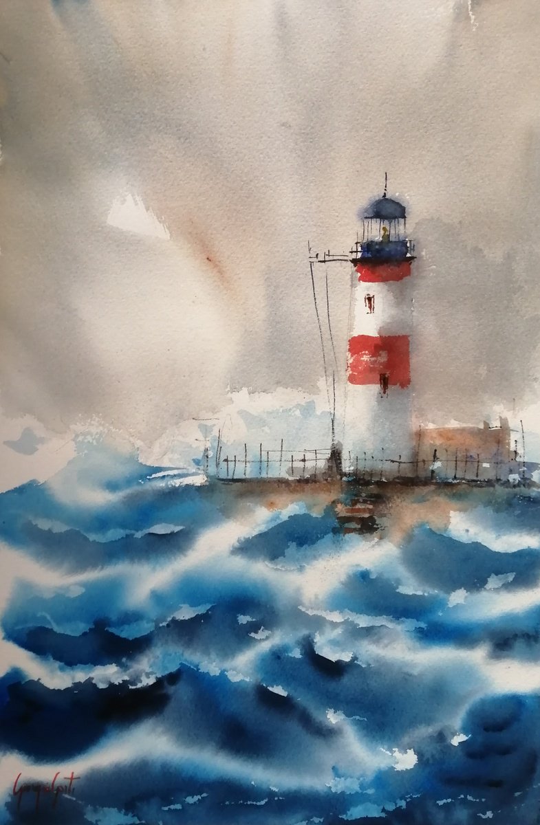 Impressionistic Landscape Watercolour By Giorgio Gosti, 14 X 21, Lighthouse 29, Original Artwork