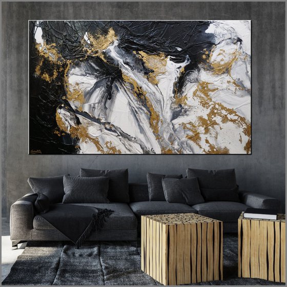 Gold and Pepper 200cm x 120cm Black Gold Textured Abstract Art