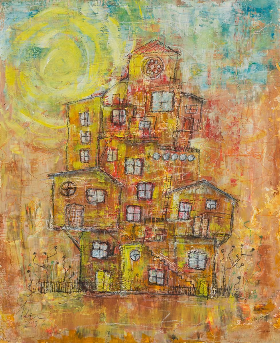 Self portrait (as a town) - acrylic painting by Peter Zelei