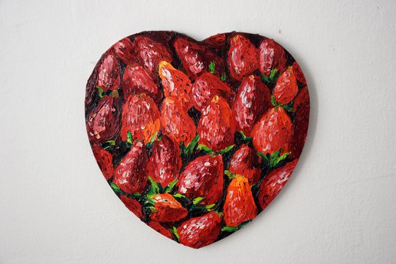 Strawberry oil painting on heart shape canvas, red berry original wall art