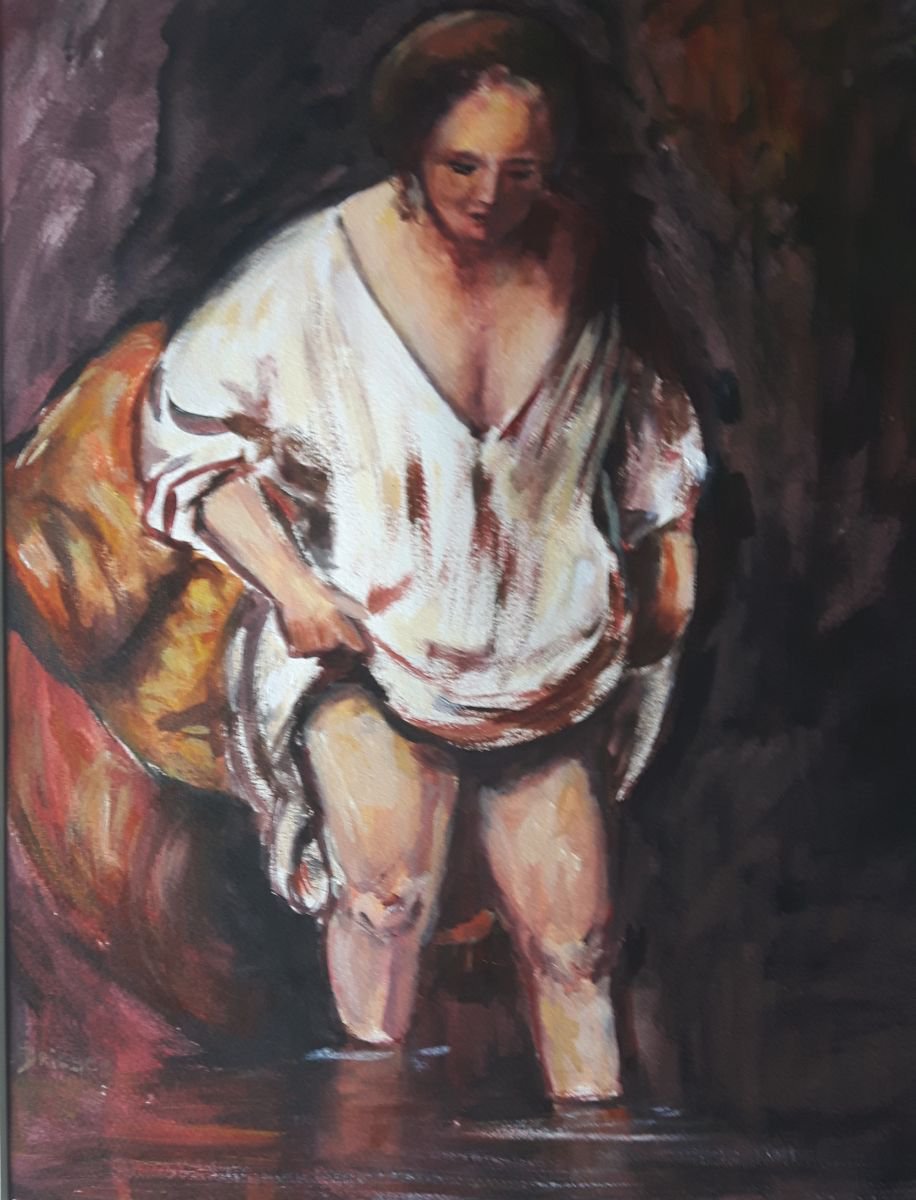 Impressionistic Portrait Acrylic Painting By Els Driesen, 12 X 16, Bathing Woman, Original Artwork