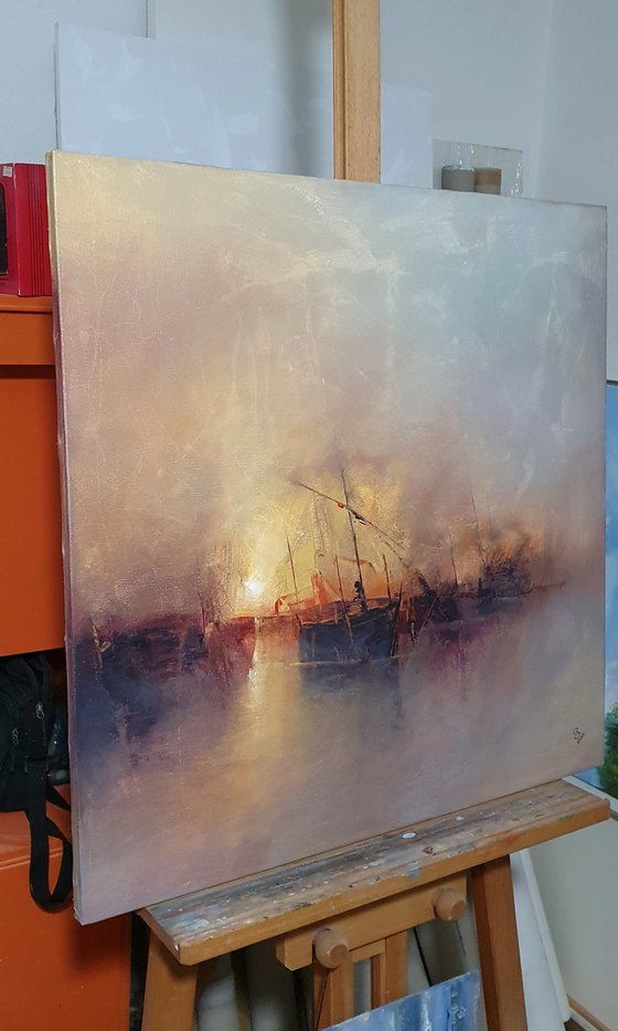 " Harbor of destroyed dreams - Hazy morning " W 70 x H 70 cm