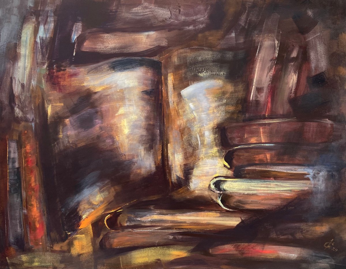 Abstract Still Life Acrylic Painting By Junija (Yuna) Galejeva, 35 X 28", Ancient Manuscripts, Original Artwork