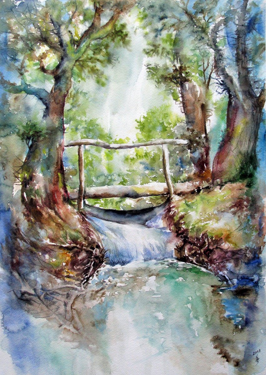 Impressionistic Landscape Watercolour By Szekelyhidi Zsolt, 13 X 18", Bridge No.2, Original Artwork