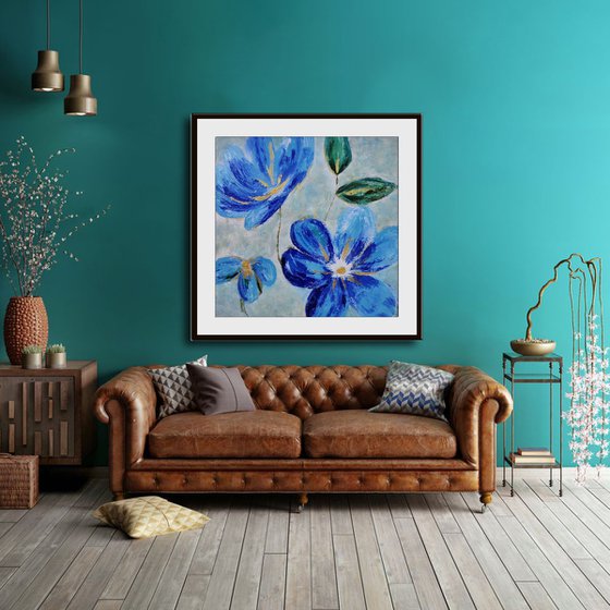 Feeling Blue - LARGE,SEMI ABSTRACT, IMPRESSIONISTIC, COLORFUL, CONTEMPORARY FLOWER PAINTING