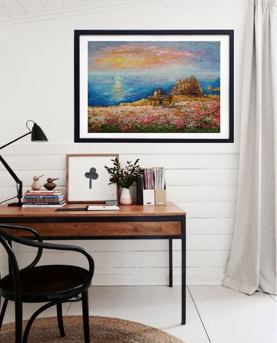 Seascape Spring in Opal Cliffs, 70×50 cm, original art, FREE SHIPPING / sunset / lovers / sea / blossoming