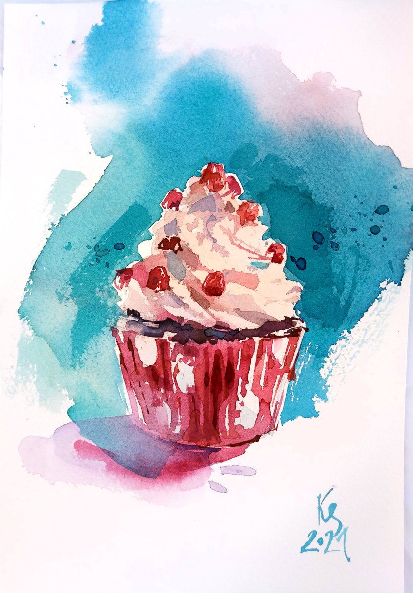 Cake original watercolor food illustration by Ksenia Selianko