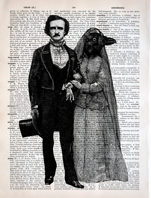 Edgar Allan Poe And Lady Raven - Collage Art Print on Large Real English Dictionary Vintage Book Page by Jakub DK - JAKUB D KRZEWNIAK