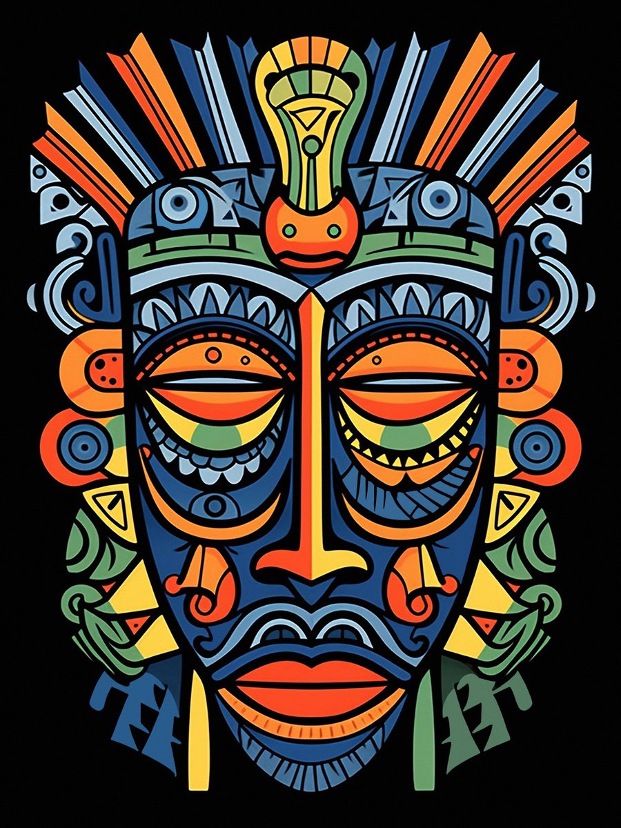 Illustrative Portrait Acrylic Painting By Kosta Morr, 24 X 31", African Mask Xii, Original Artwork