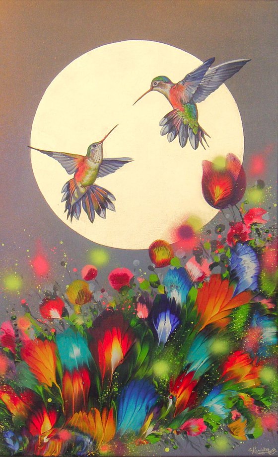 ”Hummingbirds at Sunset” 23.6" x 39.4" .... (60 x 100 cm)
