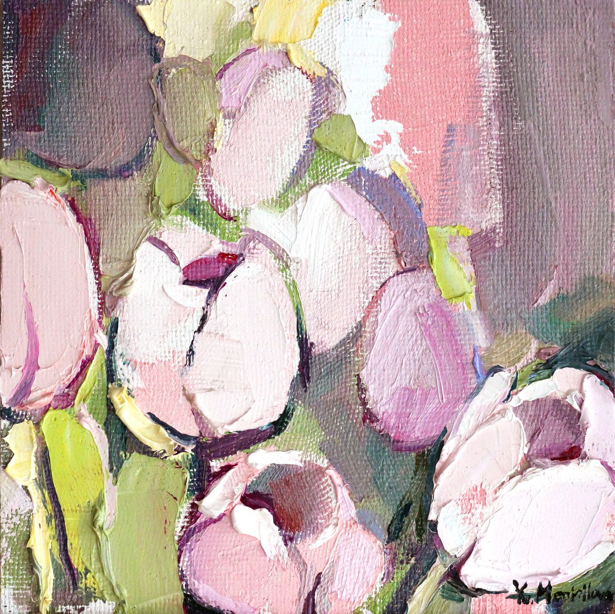Tulip - Pink flowers - Square miniature - Gift idea by Yuliia Meniailova