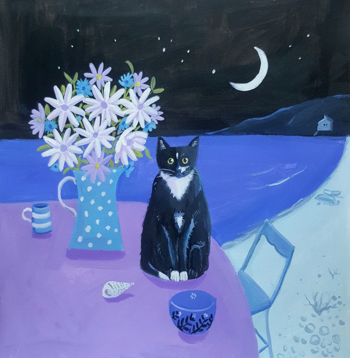 Illustrative Acrylic Painting , Under The Midnight Moon By Mary Stubberfield, 12 X 12, Artwork For Sale On Artfinder
