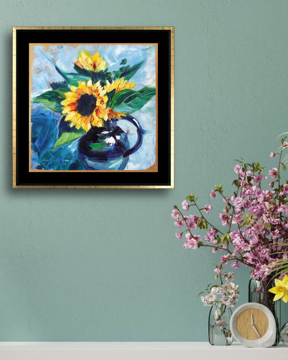 ‘SUN-FLOWERS IN A VASE' - Medium Oil Painting on Panel