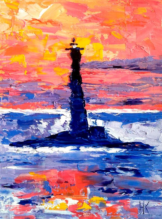 Lighthouse Painting Seascape Original Art Small Oil Impasto Nautical Pallete Knife Artwork Home Wall Art 7 by 9,5" by Halyna Kirichenko