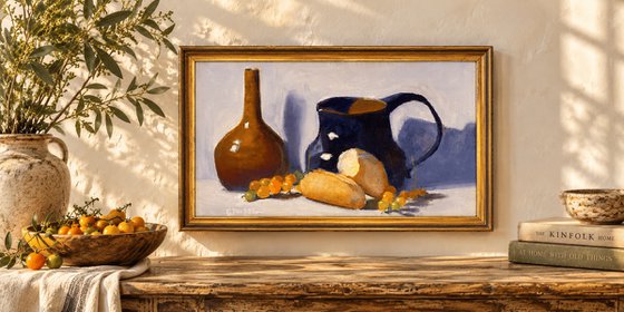 Blue Pitcher with Bread & Yellow Tomatoes