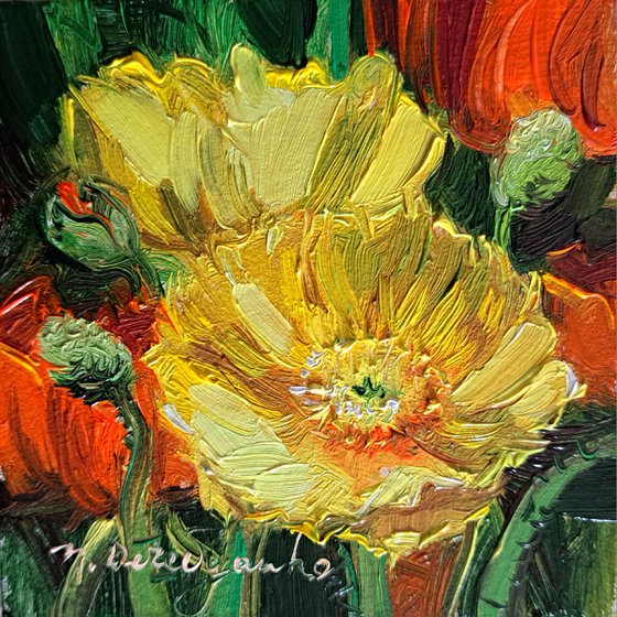 Poppy small painting original, Red yellow flowers oil wall art 4x4 in frame