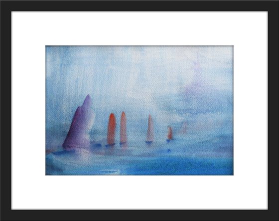 YACHTS in the MIST, ANGLESEY. Original Seascape Watercolour Painting.