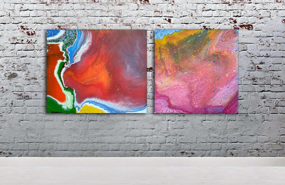 "Cracks and Bubbles" - Save As A Series - Original Large PMS Abstract Diptych Fluid Acrylic Paintings On Canvas - 66" x 30"