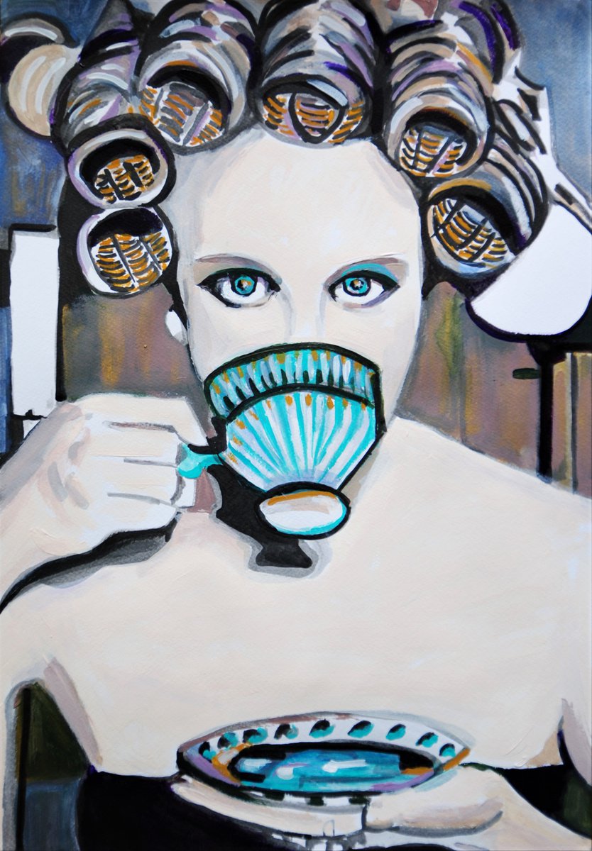Urban And Pop Portrait Acrylic Painting By Alexandra Djokic, 14 X 20, Girl With Curlers, Original Artwork