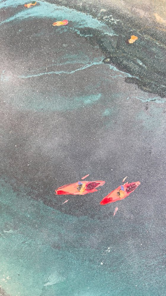 Teal Texture seascape with kayaks  2 90x60